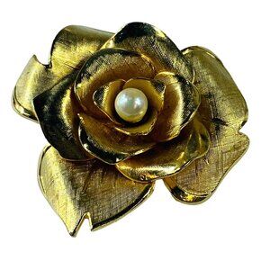 Rose Flower Textured Gold Tone Brooch Pin Vintage Estate Faux Pearl Center